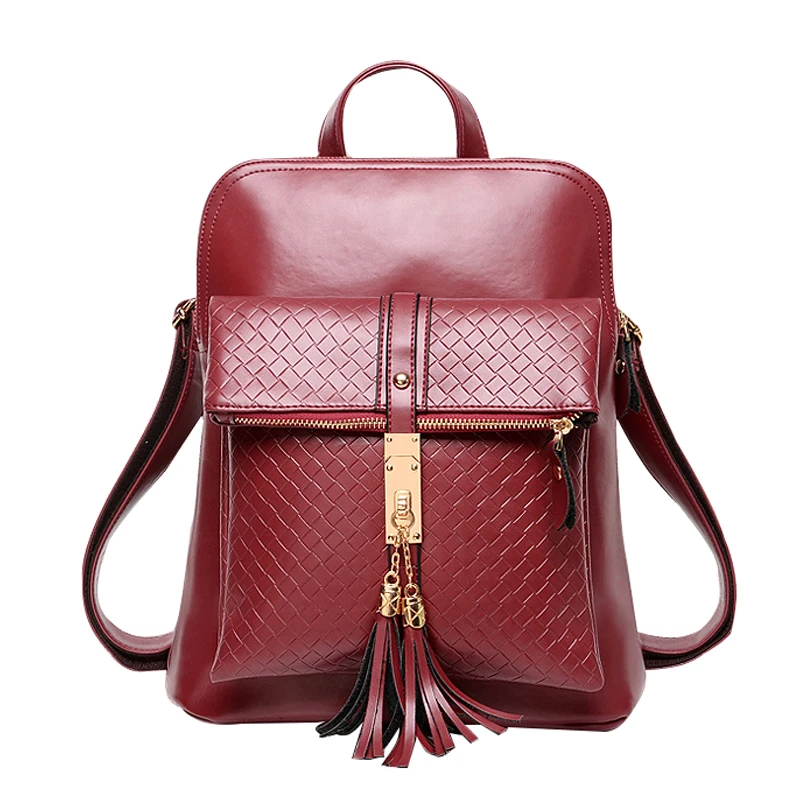 Casual Shoulder Bag Solid Leather Women Backpack Zipper Design With Tassel Backpacks