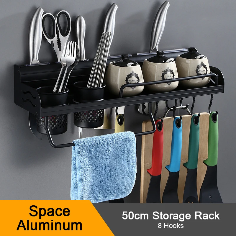 Космический алюминиевый кухонный стеллаж для хранения, кухонные держатели, держатель кухонной посуды для специй с крючками настенные кухонные инструменты для хранения - Цвет: Black Rack 50cm