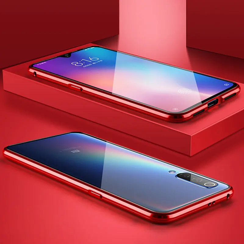 Роскошный защитный Магнитный чехол для всего тела для Xiaomi Mi 9 чехол 360 прозрачная задняя крышка из закаленного стекла Xiaomi Mi 9 чехол - Цвет: Red