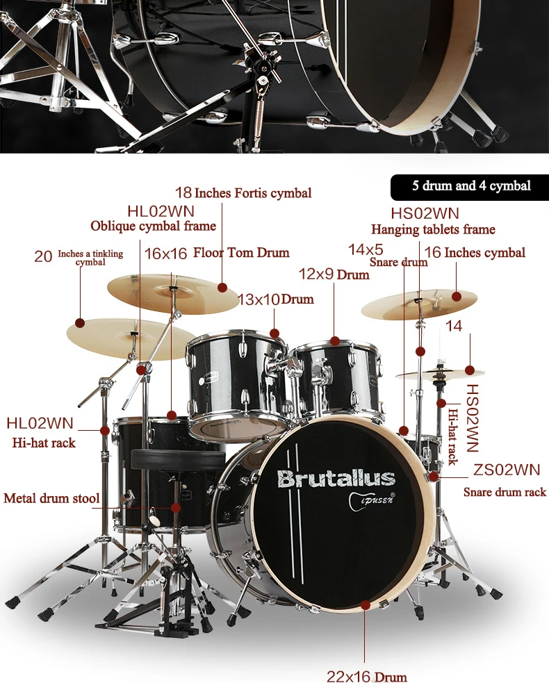 Ipusen multiple colour 400mm adult children Drum Five Drum four Cymbals beginners introduction practice professional performance