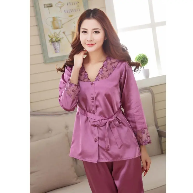 

2 Pieces Nightwear Sleepwear Pajama Set Women Satin Silk Lace Long Sleeve Casual Women Nightgowns pyjama femme