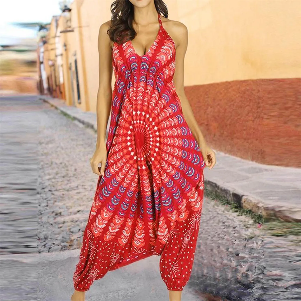 

2019 Women personality jumpsuit V-Neck Casual Loose Playsuit Sports printing Pants Harem Baggy Palazzo Trouser womens jumpsuit C