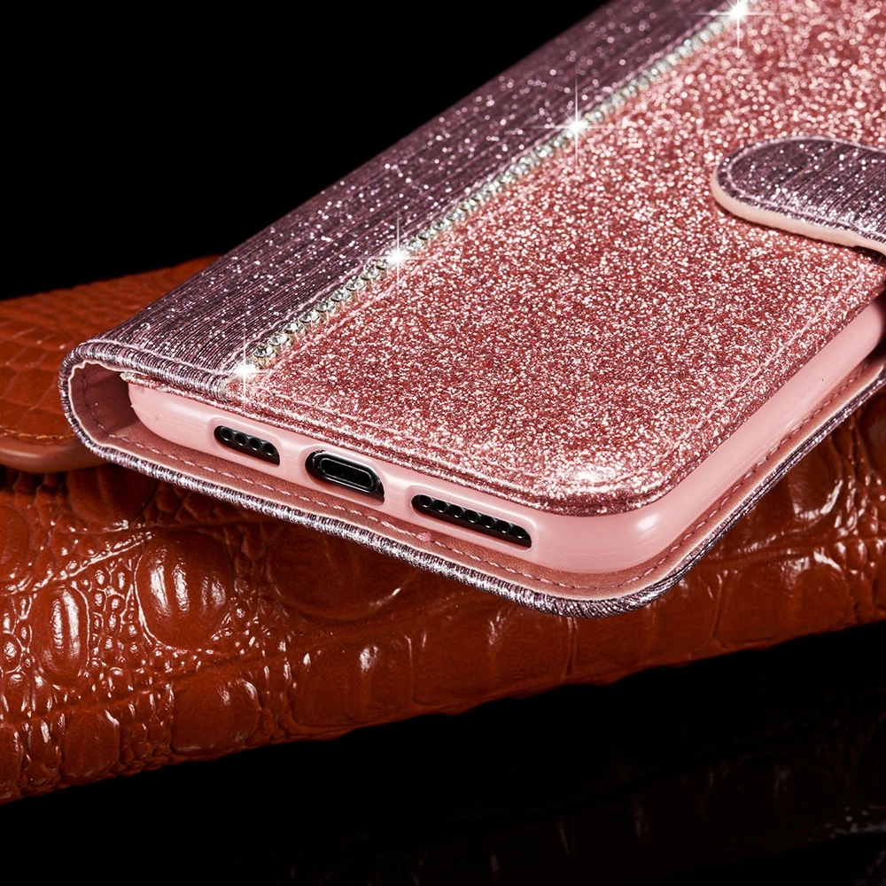Блестящий кожаный чехол со стразами для iPhone 6 6S 7 8 Plus X XR XS Max флип телефона 11 Pro SE 2020