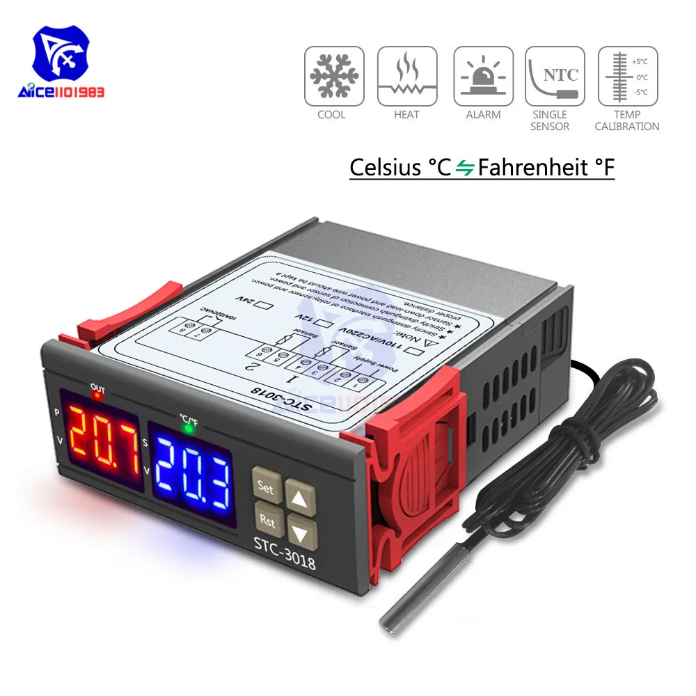 

STC-3018 12V 24V 110V 220V Thermometer Dual LED Digit Tube Temperature Controller C/F Switch NTC 10K Thermostat Sensor 10A Relay
