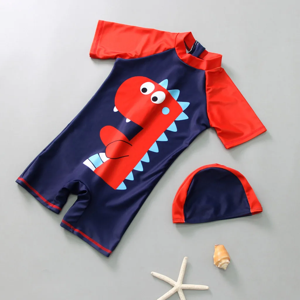 

Summer Child Baby Boy Swimsuit Short Sleeve Dinosaur bathing Pool Beach Swimwear+Cap kid Boys Girls Beachwear Clothes Outfit Set