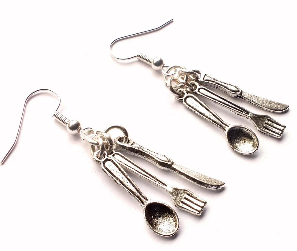

Hot Fashion Jewelry 50 Pair Vintage Silver Cute Cutlery Knife Fork Spoon Charm Fashion Pendants Drape Earrings DIY Q158