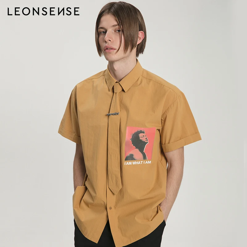 LEONSENSE короткий рукав мужская рубашка с принтом брендовая модная дизайнерская