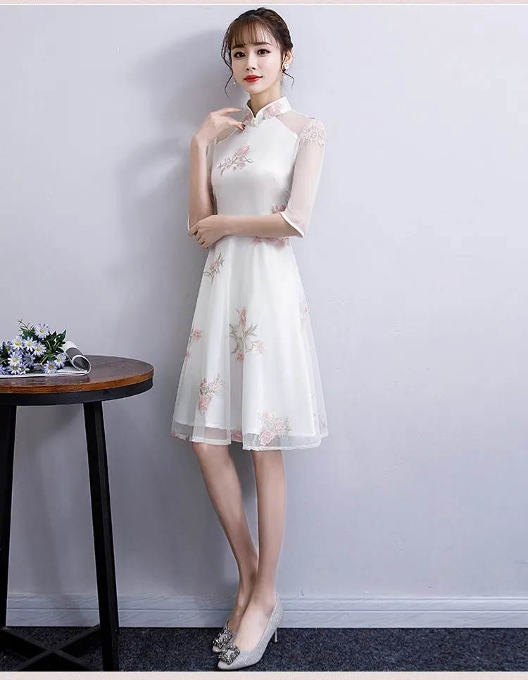 2019 nueva moda de encaje Cheongsam модерано bordado azul corto Qi Pao Chinoise vestido diio chino tradicional ropa Qipao