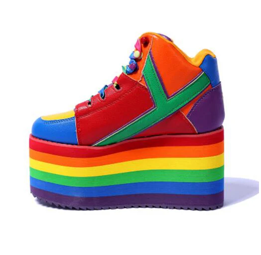

newest autumn winter ladies platform shoes Rainbow stripes 10 cm wedges sneakers lace up height Increase ankle boots for girls