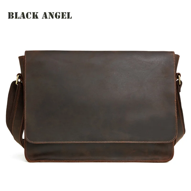 

BLACK ANGEL Vintage Grazy Horse Leather Mens Messenger Bags Genuine Leather Crossbody Bag Business Casual Shoulder Bag