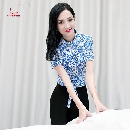 

2019 summer short sleeve cosmetician's work clothes spa health club technician take foot bath pedicure technician take slim suit
