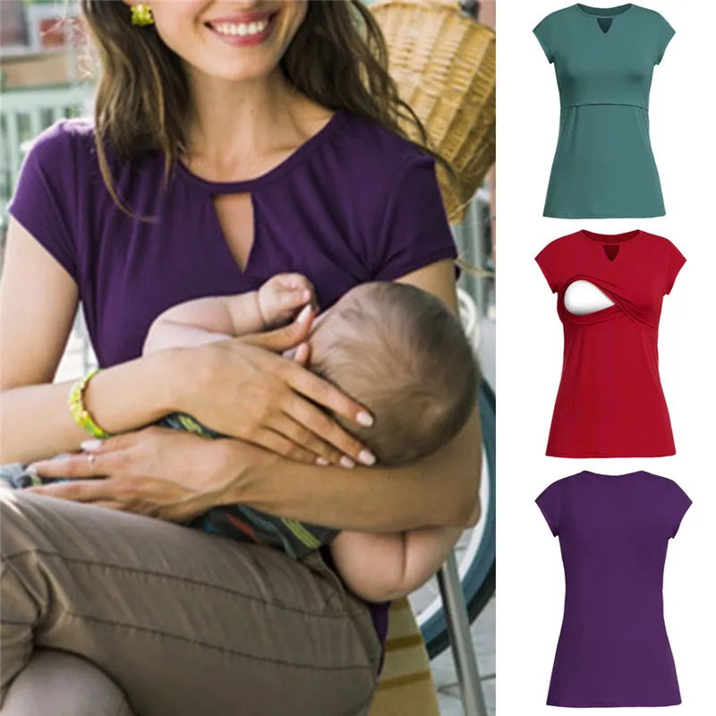

Breast-feeding Clothes for Female Hollow O-Neck Women Solid Pregnant Nursing Baby for Maternity Multifunctionl Blouse T-Shirt