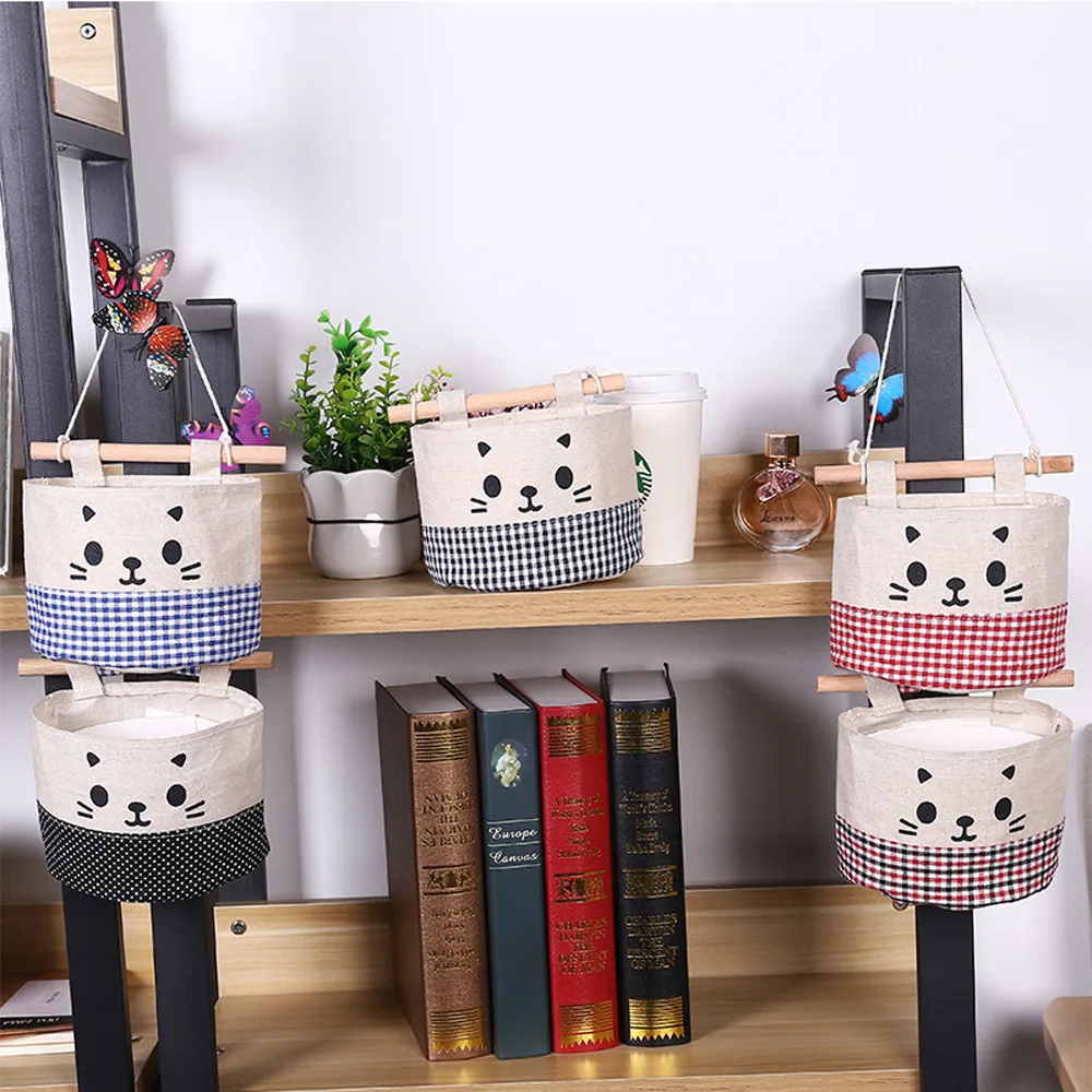 

New Cotton Cartoon Cat Hanging Storage Bag Debris Pouch Door Wall Hanging Combination Kitchen Bathroom Sundries Storage Bags