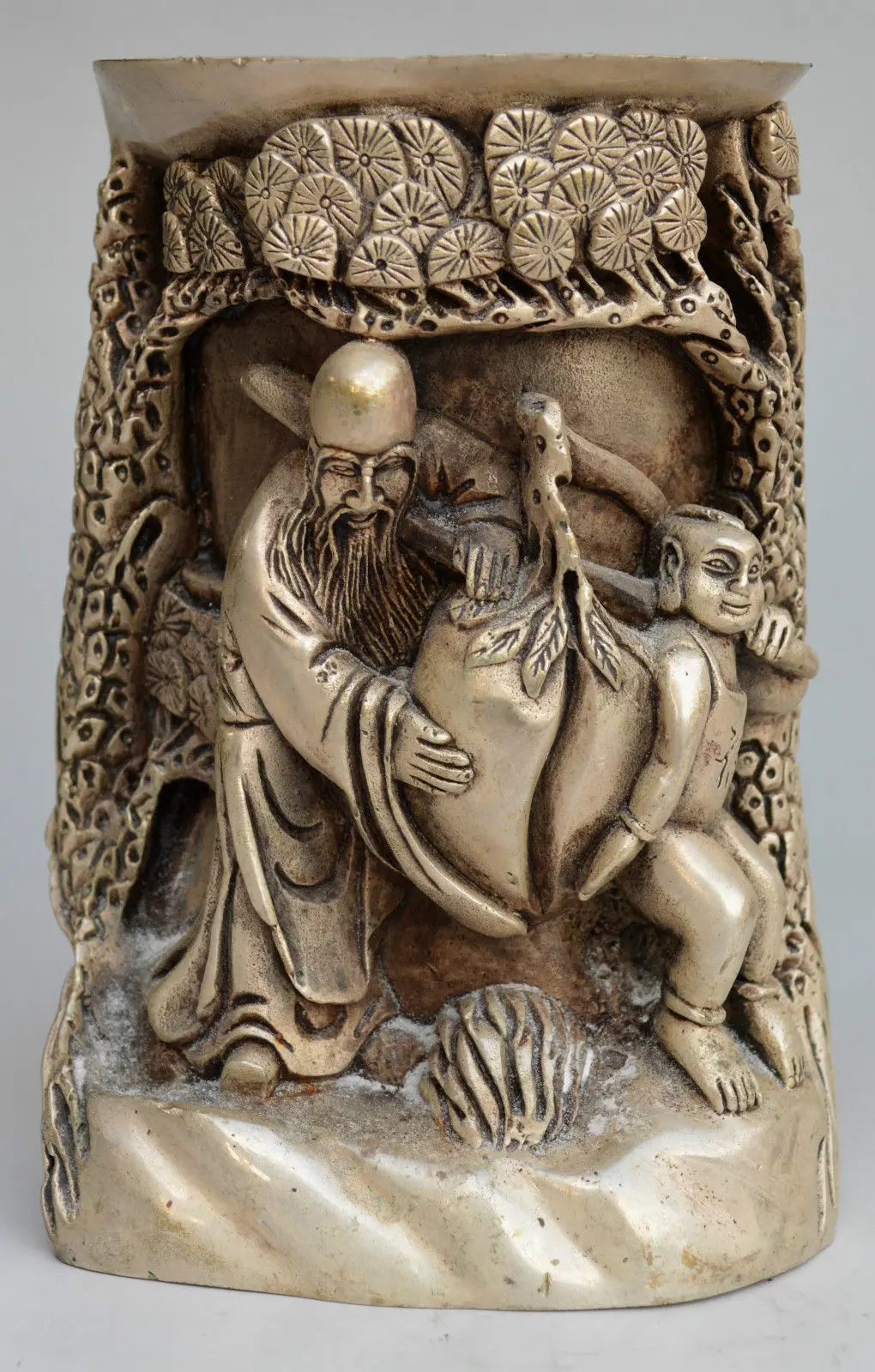 

Collectible Decor Miao Silver Carved Longevity God Peach Tree Brush Pot