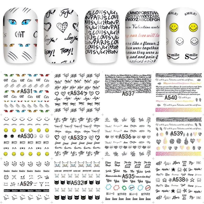

12sheets water decal nail art nail sticker Decorations slider tattoo full Cover beauty cat English alphabet design decals A540