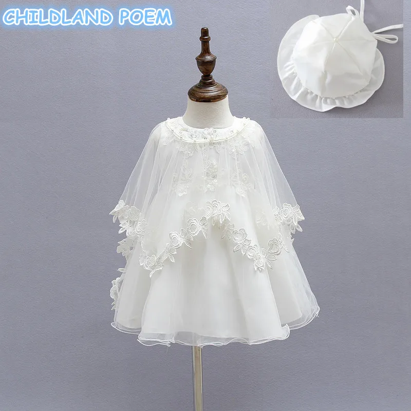 Baby Girl Baptism Gown Christening Dress Lace Pearl Princess 1 year Birthday Party Wedding Baby Dress With Hat 3 pcsset Clothes