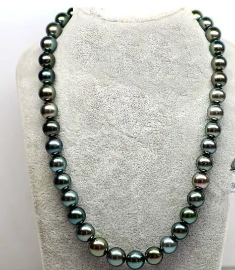 

stunning round AAA+12mm freshwater black green pearl necklace 18inch