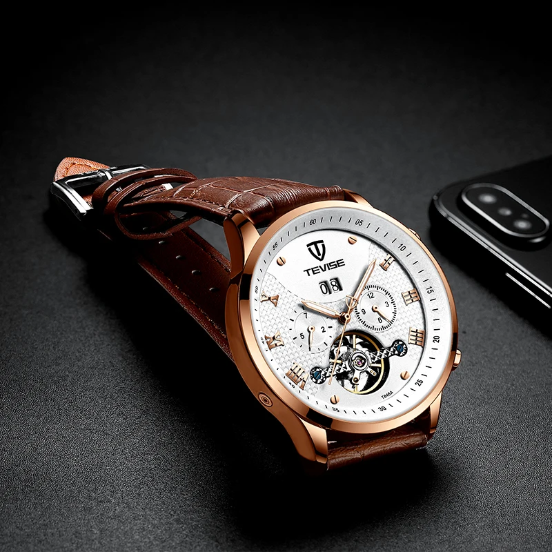 رجل ساعة 2018 TEVISE T832A الميكانيكية ووتش الجوف الملونة التلقائي ووتش مضيئة للماء جلدية ساعات المعصم الذكور ساعة