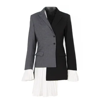 

Autumn Color Block Patchwork Blazer Jacket Women Hem Pleated Asymmetrical Coat Female Ruffle Cuffs Irregular Long Suit