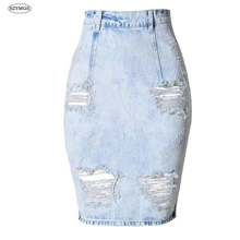 SZYMGS New Fashion Hole Skirts jean Women Summer Sexy Denim Women Pencil Skirt Jeans Skinny