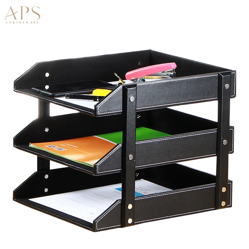 PU Leather Office Desktop Filing Tray, File Organizer Tray File Rack