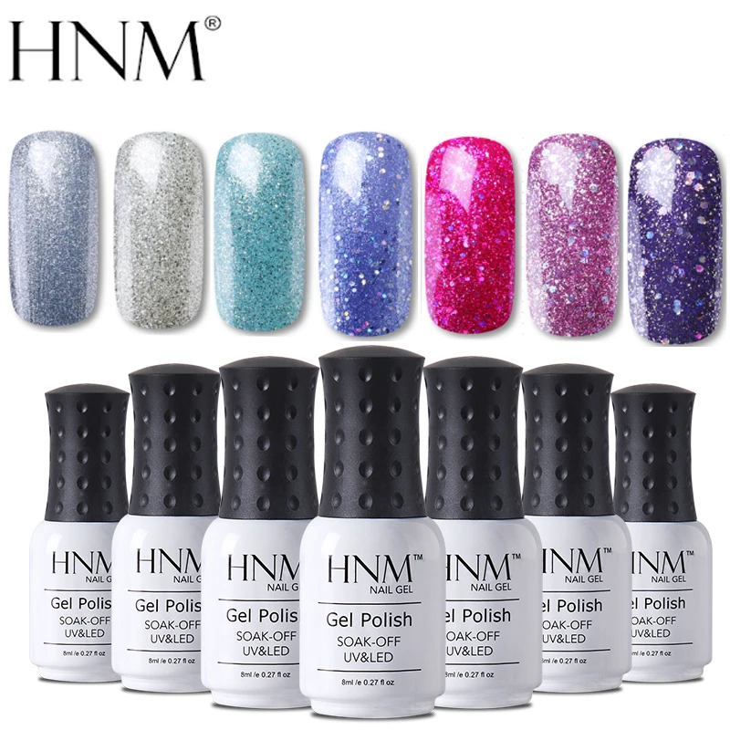 

HNM 8ml Bling Glitter UV Nail Gel Polish Long Lasting Shining Lucky Vernis Semi Permanent Enamel Manicure Nail Lacquer Base Top