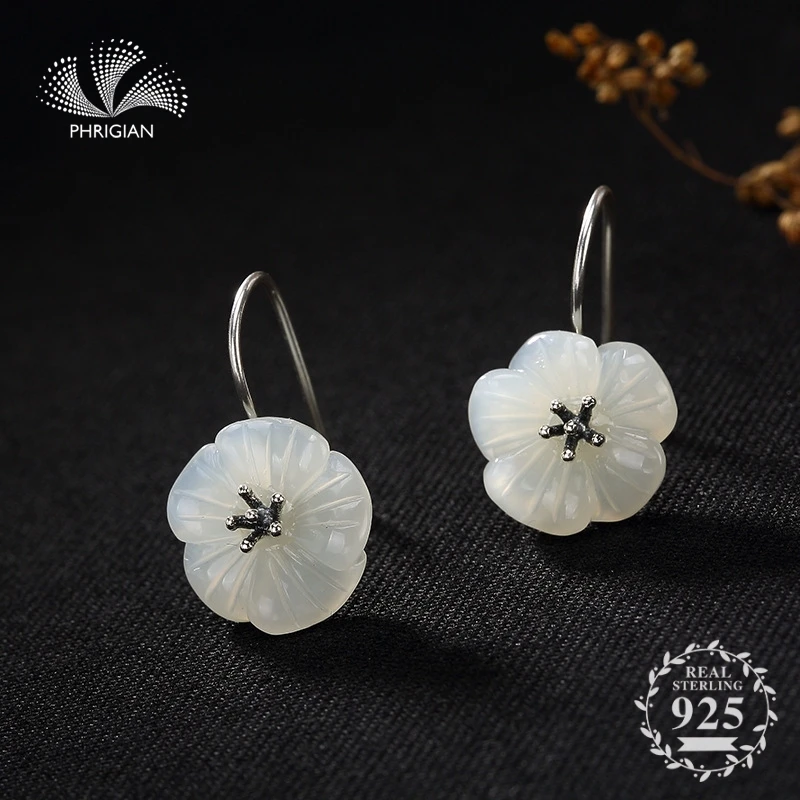 

NOT FAKE S925 Fine Jewelry Earrings 925 Sterling Silver Women flower cute drop Natural Retro Exquisite Semi Gemstone daisy