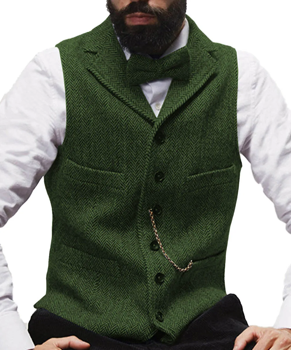 Мужской костюм жилет лацкан V образным вырезом шерсть елочка Повседневный официальный деловой жилет Groomman для свадьбы зеленый/бордовый/коричневый