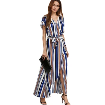 

Women V Neck Maxi Dress Front Split Bohemian Striped Long Dresses Vogue Self Tie Waist Asymmetrical Beach Dress Ladies Clothes