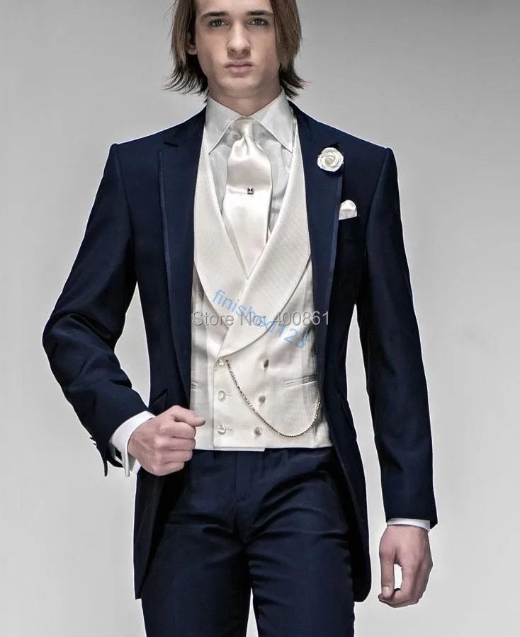 One Button Navy Blue Groom Tuxedos Suit Groomsman Formal Blazer