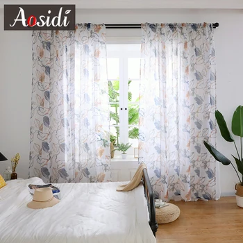 

AOSIDI Chinese Ink Style Leaves Print Tulle Curtains For Living Room Window Sheer Curtain For Bedroom Kitchen Ready Voile Drapes