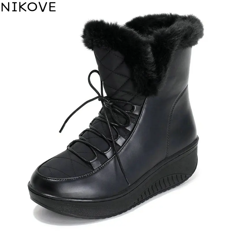 

NIKOVE 2018 Women Boots Med Heel Ankle Boots Lace Up Winter Snow Shoes Chunky Short Plush Solid White Ladies Shoes Size 34-43