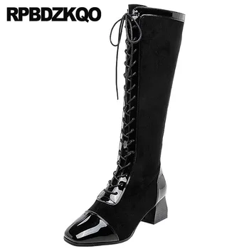

patent leather genuine brand women winter boots sheepskin ladies long lace up shoes chunky faux fur square toe black knee high