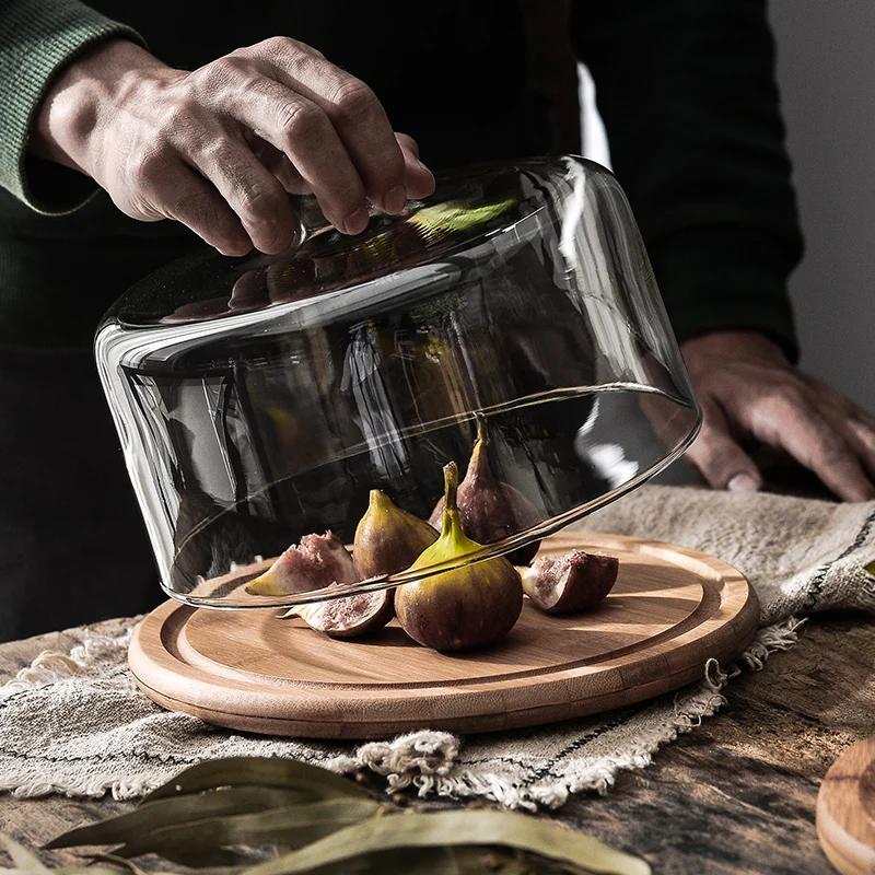 

Glass transparent cover fruit plate Afternoon tea cake Wooden tray glass cover West Point tray Cake plate fruit dessert plate