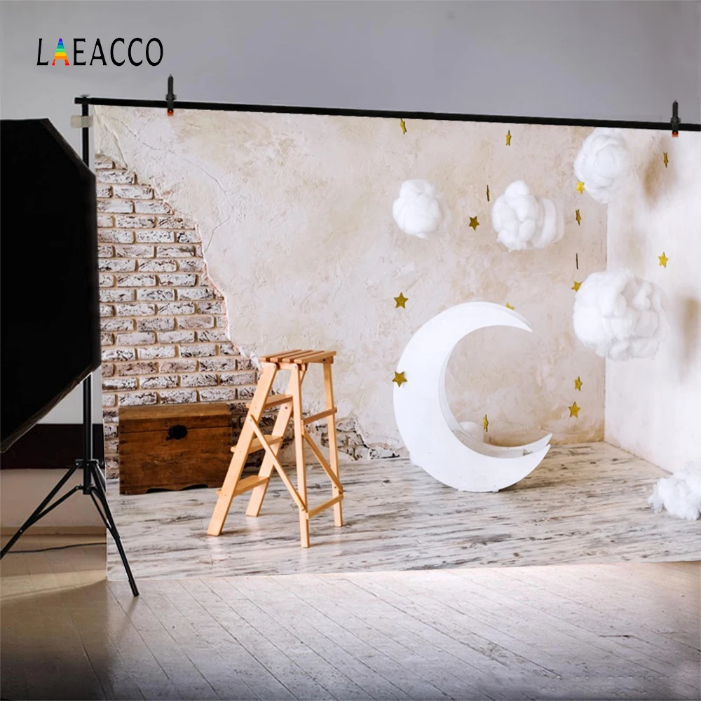 Laeacco Brick Wall Moon Model Cotton Clouds Baby Photography Backgrounds Customized Photographic Backdrops For Photo Studio