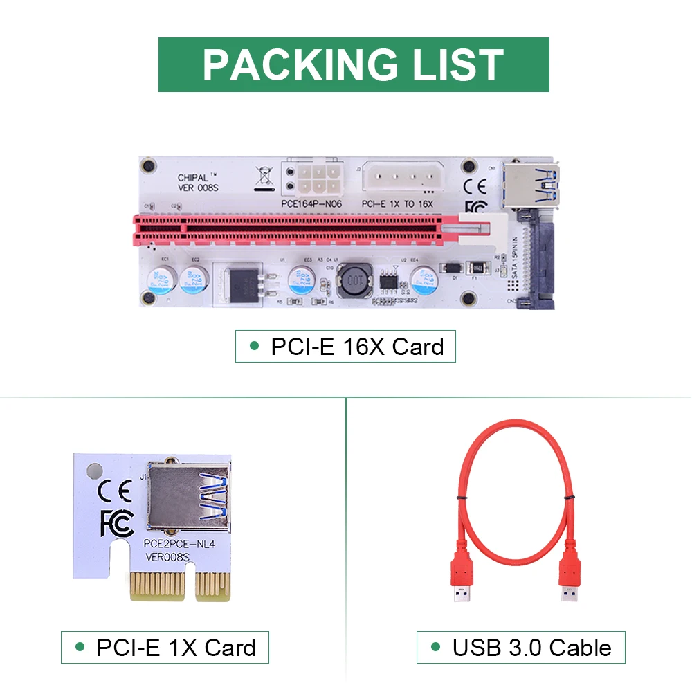 CHIPAL VER008S 60 см PCI Express E Райзер карта 008S PCIE 1X к 16X адаптер 4Pin 6Pin SATA Power для майнинга