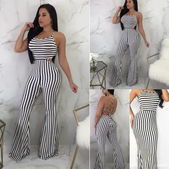 

Fashion Women Striped Long Jumpsuit Sexy Strap Backless Bandage One Piece Flare Long Pant Bodycon Jumpsuit