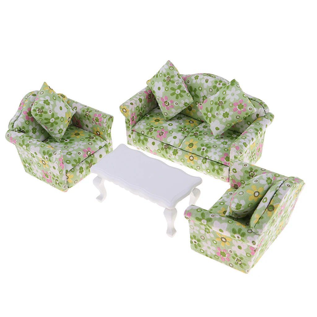 8pcs 1/12 Scale Dollhouse Miniatures Living Room Furniture Floral Single Double Sofa Chair Tea Table Green