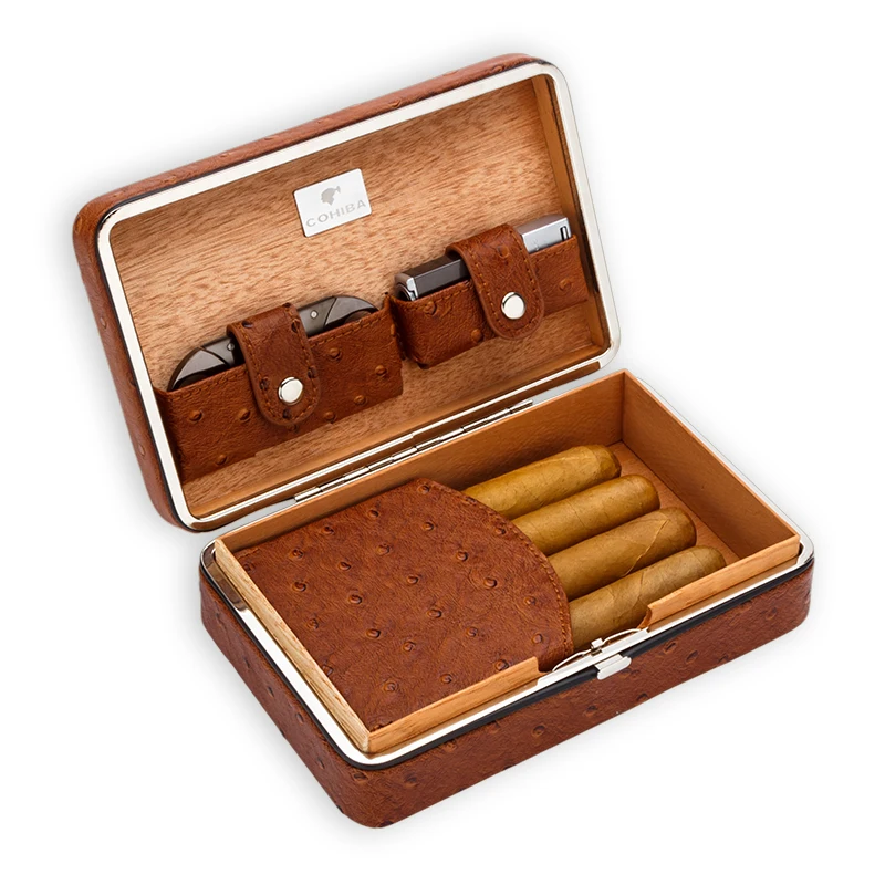 

COHIBA leather Cigar case with Cigar Cutter(hold 4pcs) Portable Cigar box Travel cigar humidor(not include the cutter lighter)