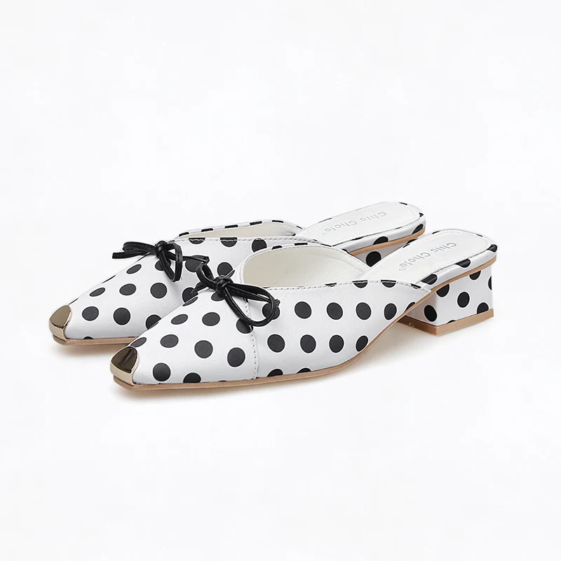 

2019 New Spring Summer Square Heel Slippers Women Polka Dot Toe Mules Shoes Woman Slides Butterfly Knot Fashion Slippers Female