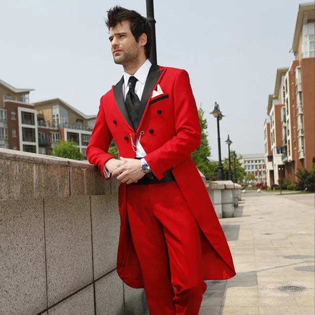 Изготовленные на заказ Красные деловые мужские костюмы 2 шт.(куртка+ брюки+ галстук) длинное пальто смокинги жениха свадебный костюм для мужчин Выпускной Свадьба 145 - Цвет: as picture