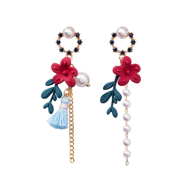 

Fashion Stud earrings for women Sweet flowers pearl tassel earrings asymmetric long earrings fashion pink Classic earrings women