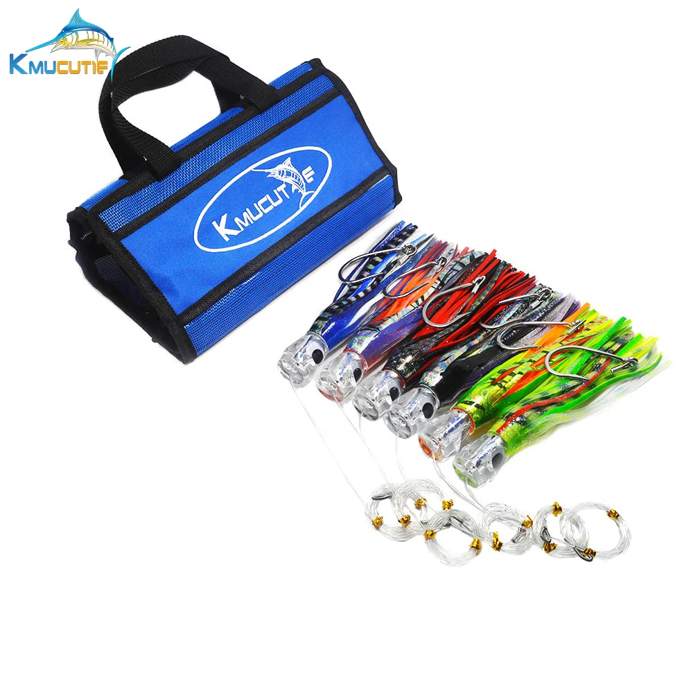 

1 SET of 6 Pusher 9 inch style random color Rigged Marlin lures trolling wahoo skirts game fishing trolling lures