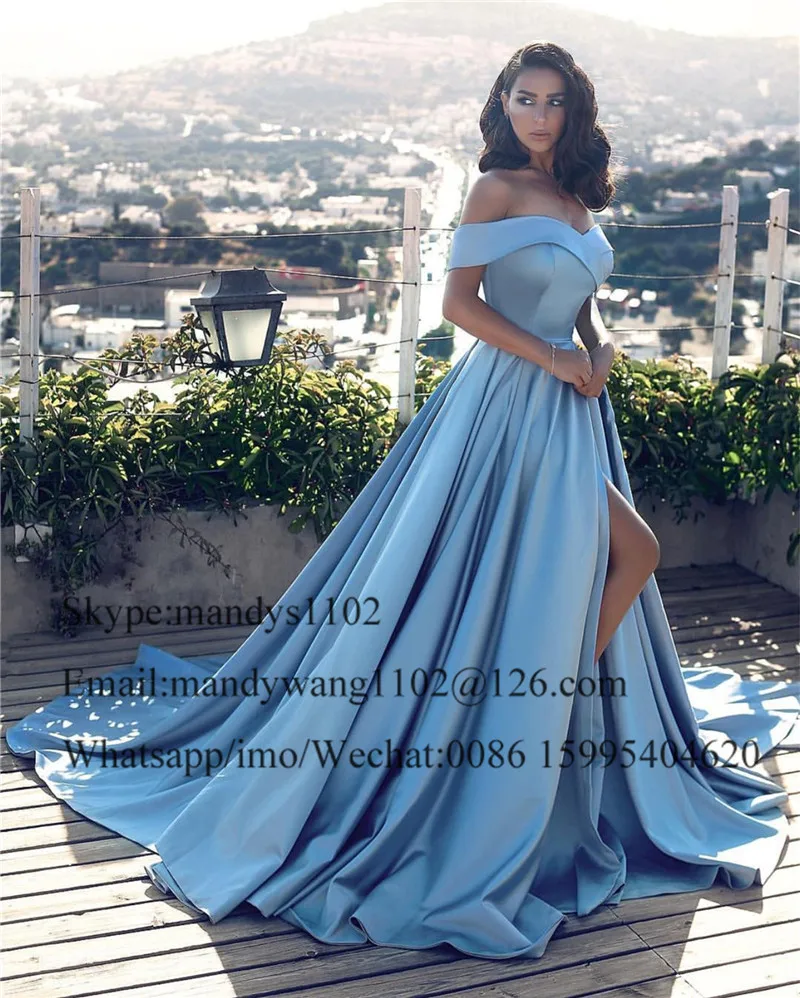Glamorous Blue Prom Dresses with High Side Slit 2019Luxury Satin Long Formal Evening Party Gowns Red Green Women Robe de soiree