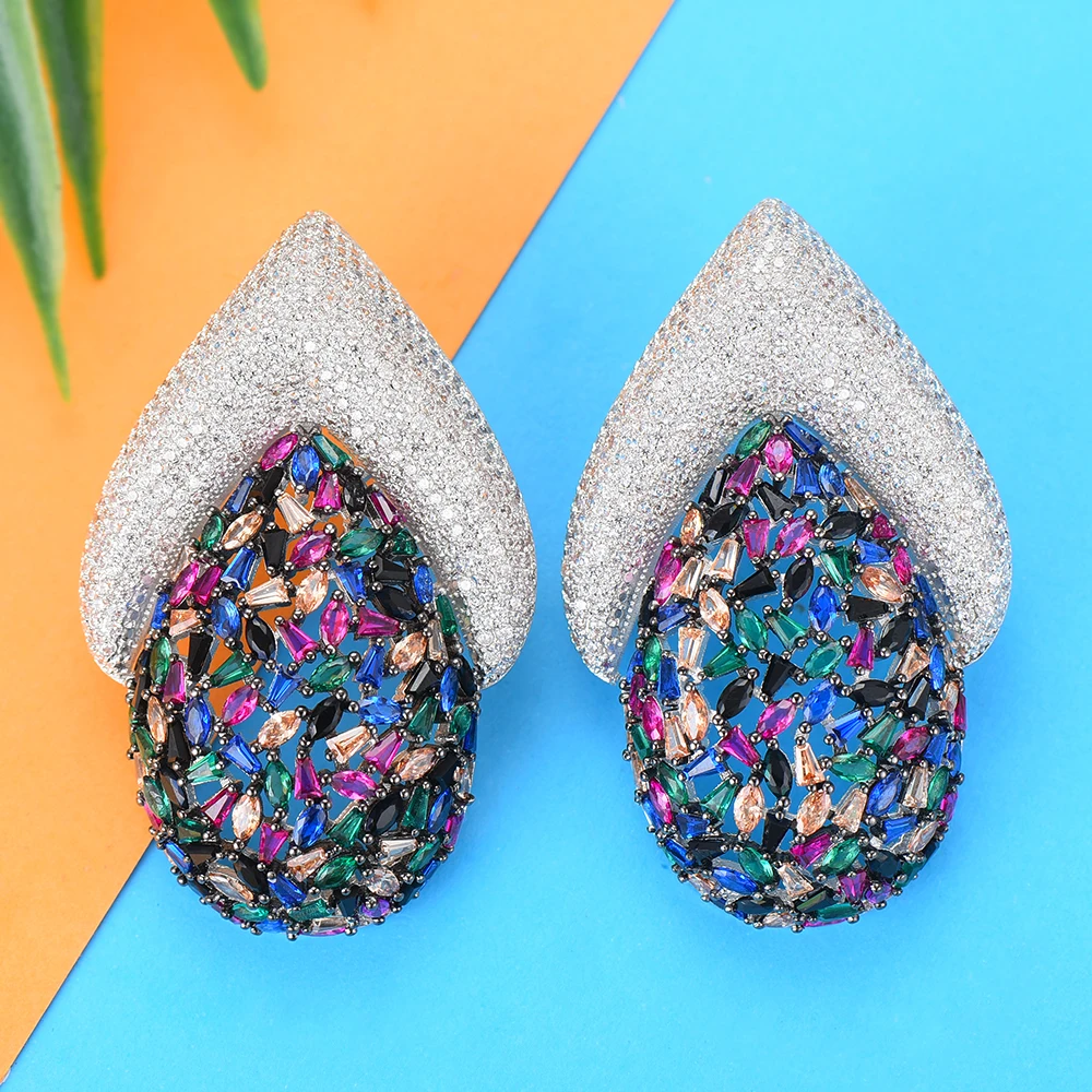 

SisCathy Famous Brand Jewelry Finding Big colorful CZ Cubic Zircon Stud Earrings for Women Statement Wedding Earrings 2019
