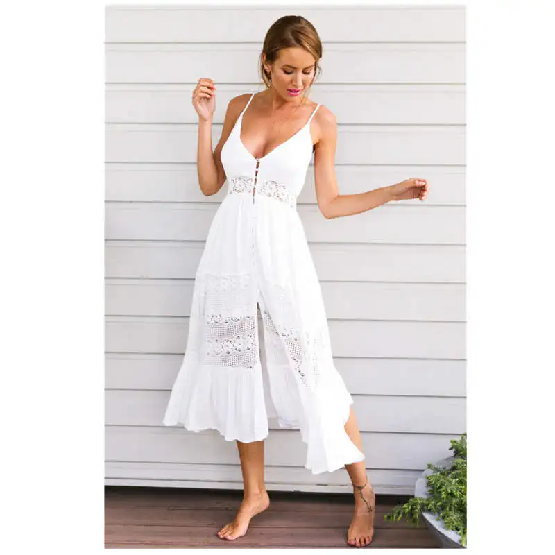 Women Summer Boho Long Maxi Dress Soild Color Summer Female Evening Party Beach Floral Causal Sundress US