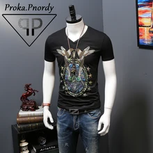 Proka Pnordy Tide Brand Short Sleeve Summer Clothing Men s Rhinestone Bird Printing V Neck Fitness