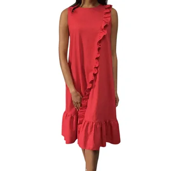 

2019 Summer Women's Dress Casual O Neck Sleeveless Loose Beach Party Red Midi Dress Female Party Patchwork Dresses Vestidos Robe