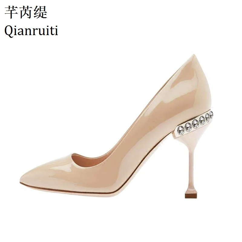 

Qianruiti Nude Red Patent Leather High Heels Shoes Party Wedding Pointed Toe Women Pumps Studded Crystal Thin Heels Women Shoes