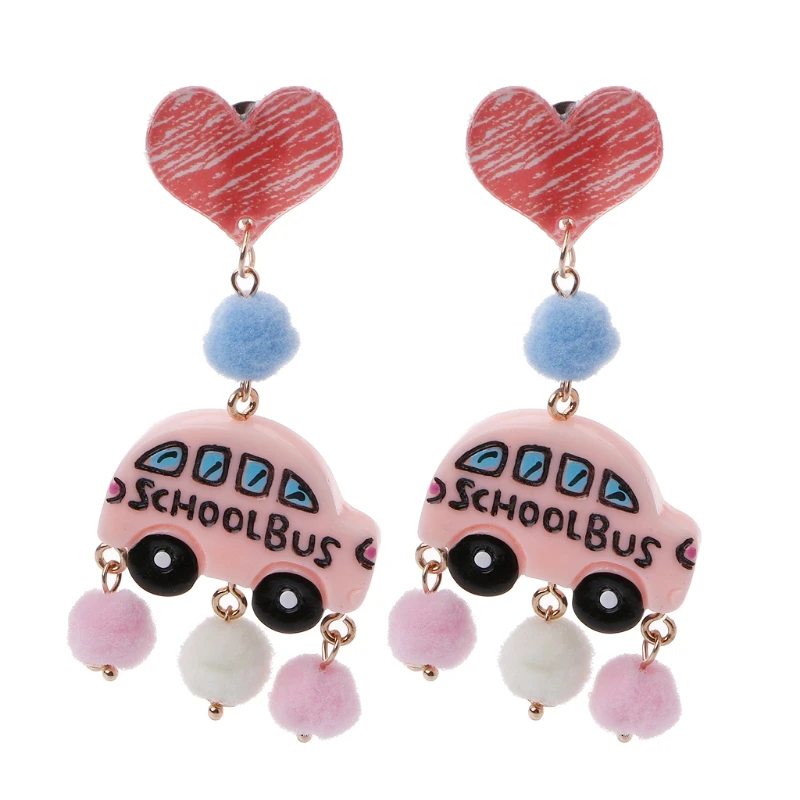 

Beautiful workmanship Cute Pink Heart Earrings For Women Funny Car Shape Pom Pom Ball Drop Earrings